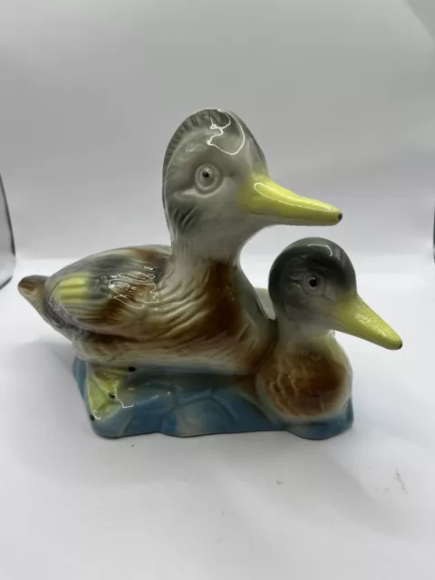 Vintage Hand Painted Mandarin Ceramic Duck With Baby Figurine Made in Brazil