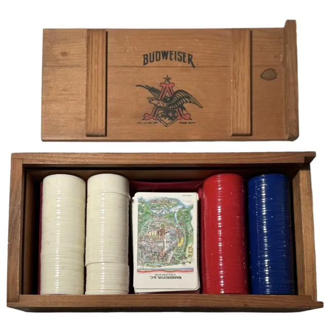 Anheuser Busch Budweiser Poker Set Chips Cards Wooden Box