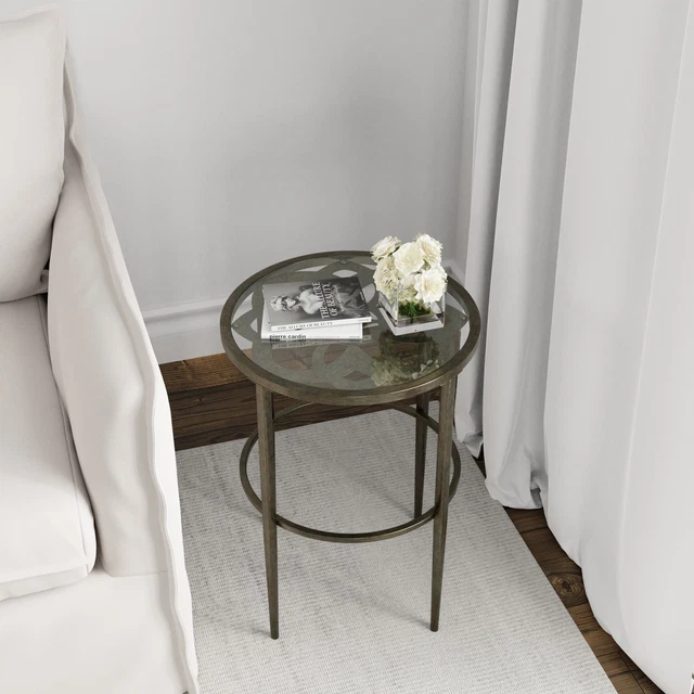 Hillsdale Furniture Marsala Glass-Top Metal End Table, Gray with Brown Rub