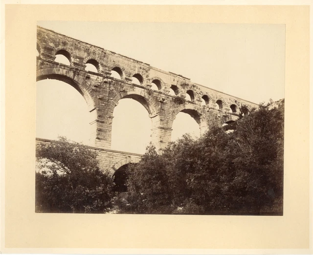 France, Le Pont du Gard, approx. 1870 Vintage Albumen Print. Photo glued to cartoon