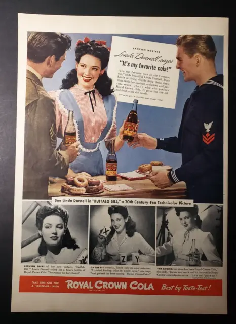 1943 Print Ad Royal Crown Cola Woman Serving Soldiers Donuts & Cola WWII