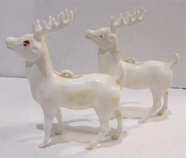 2 Vintage White Hard Plastic Reindeer Christmas Ornament Tail Up 3" x 3.55"