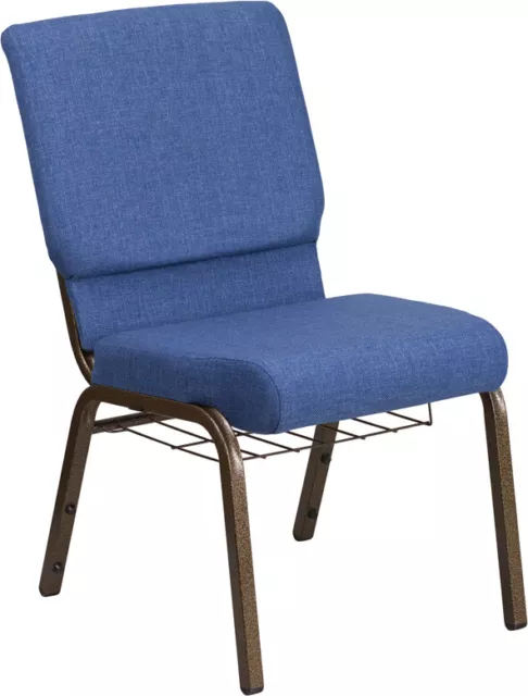 10 PACK 18.5'' Wide Blue Fabric Church Chair with Book Rack and Gold Vein Frame