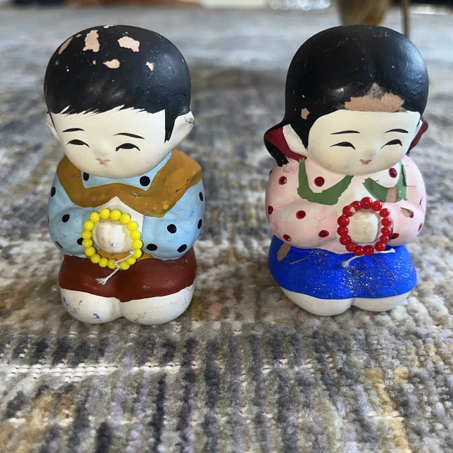Japanese Pottery Boy & Girl Statue Doll Vintage Kimono Okimono Interior