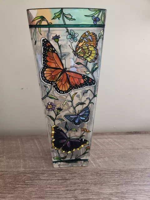 Amia Collectors Stained Glass Vase  Floral Butterfly Raised Pattern Hand Painted