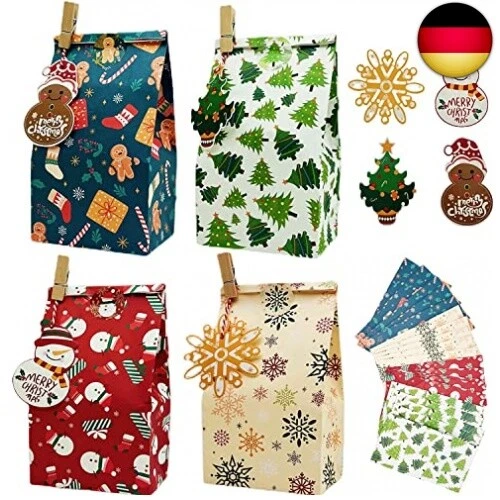 Yucch 24 Stück Geschenktüten für Weihnachten,4 Design Papier Süßigkeitskästen Sü