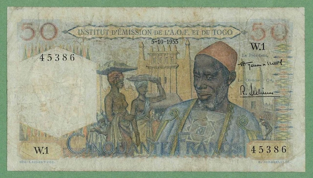 French West Africa Togo A,O.f. Issue 50 Francs  1955 P#44  Rare French Colonial