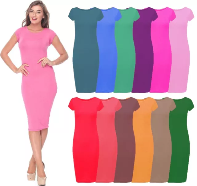 Ladies Plain Jersey Stretch Crew Neck Cap Sleeve Bodycon Midi Dress 8-26