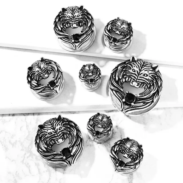 Pair - Wolf & Wings Steel/Brass Plugs Screw-Fit Tunnels Ear Gauges (0G-1")