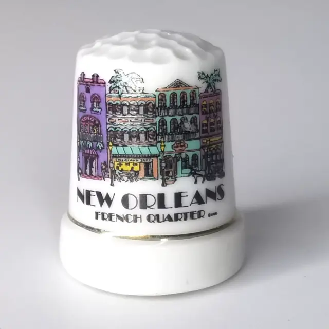 New Orleans French Quarter White Porcelain Display Thimble Gold Tone Trim