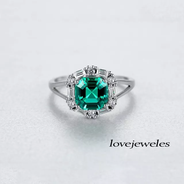 2CT Asscher Cut Real Green Emerald 14K White Gold Finish Engagement Wedding Ring