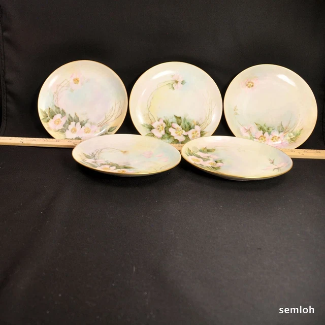 KPM Silesia Krister Set 5 Dessert Plates Pink Roses Gold Hand Painted by Yocum