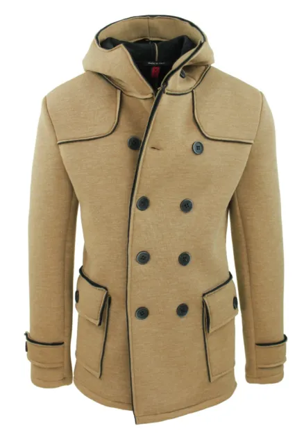 Cappotto giacca uomo beige doppiopetto slim fit giubbotto inverno con cappuccio