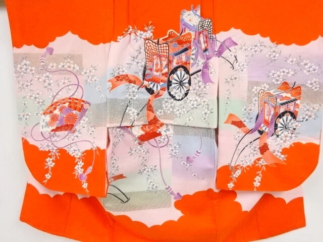 97122# Japanese Kimono / Antique Kimono For Girls / Sakura & Carriage