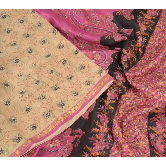 Sanskriti Vintage Sarees Cream/Pink Zari Border Pure Silk Fabric Printed Sari