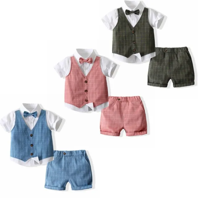 Infant Baby Boys Gentleman Clothes Set Fake Two Piece Top Shorts Bow Tie Outfits
