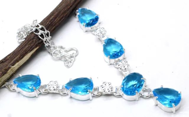 925 Sterling Silver Swiss Blue Topaz Gemstone Handmade Jewelry Necklace S-17-18