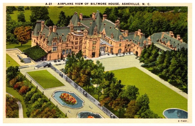 Airplane View of Biltmore House, Asheville, NC, Vintage Linen Postcard