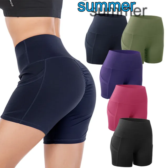 Ladies High Waist Yoga Shorts Pocket Gym Cycling Biker Hot Pants Sports Leggings