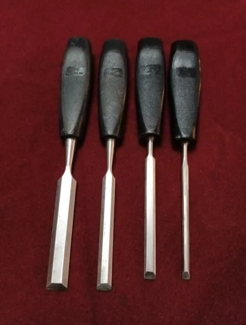 Vintage Four Sandvik Swedish Steel Bevelled Edged Wood Chisels Shatter Proof...