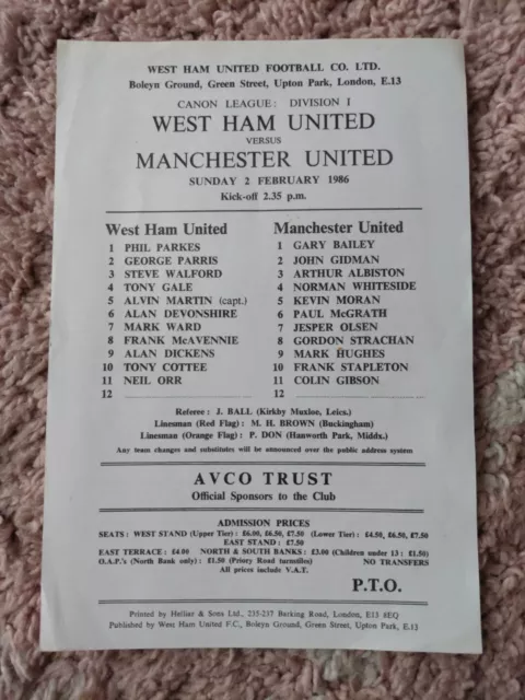 85/6 West Ham United vs Manchester United (Div 1)