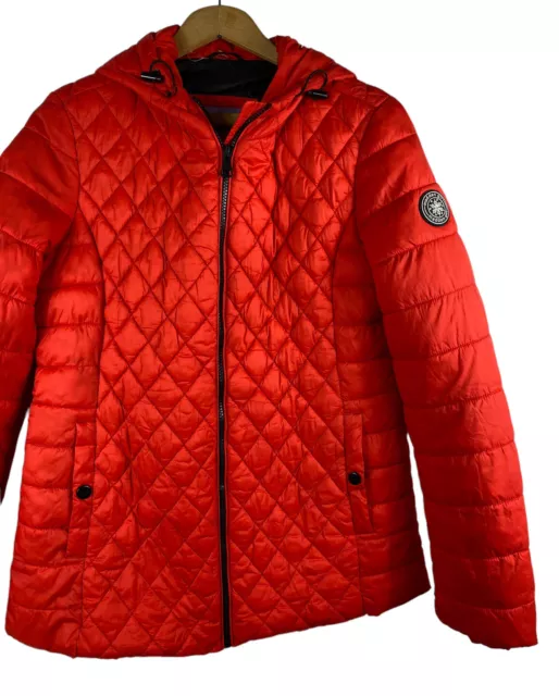 Madden Girl Puffer Jacket Medium Red Orange Hooded Packable Juniors Quilted 2