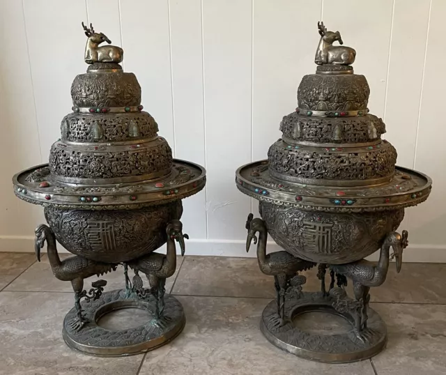 Exceptional Pair of Sino-Mongolian Silvered Copper Incense Burners RARE Buddhist