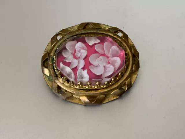 Splendido Vintage Francese Lucite Inciso Spilla - 3D Rose W. Rosa Sfondo