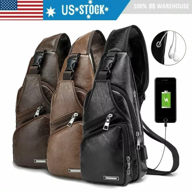 Men Leather Sling Bag Chest Shoulder Crossbody Backpack USB Charging Port Travel
