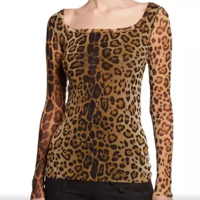 Fuzzi Jean Paul Gaultier Leopard Mesh Semi Sheer Squareneck Long Sleeve Top