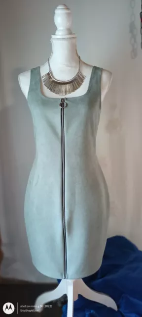 Womens Sage Green Sleeveless Faux Suede Zip Front Dress Size S