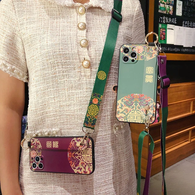 For iPhone Samsung Hot Crossbody Wrist Strap Stand Holder Retro Phone Case Cover