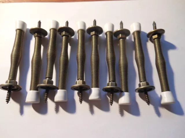 10)  3" Spring Door Stops, Antique Brass Finish, Metal Spring With A White Cap