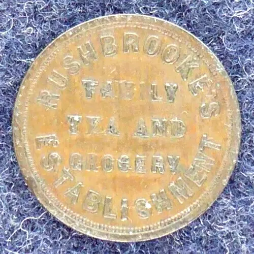 English Trade Token Farthing Rushbrooke Tea Grocery Willenhall, 1844. (G001)