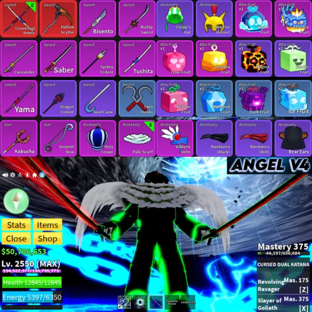 Blox Fruit Account Lv:2450Max, Angel V4 - Fall Awaken BLIZZARD, GodHuman, Cursed Dual Katana, Hallow scythe, Unverified Account