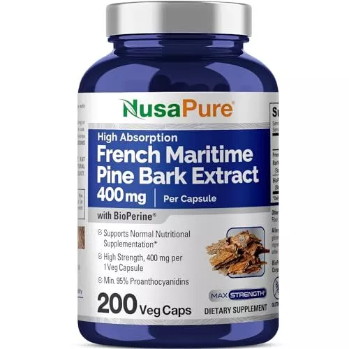 NusaPure French Maritime Pine Bark Extract 400mg per Veggie Caps 200-Day Supply