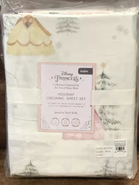 NEW Pottery Barn Kids Disney Princess Holiday Organic Queen 4pc Sheet Set