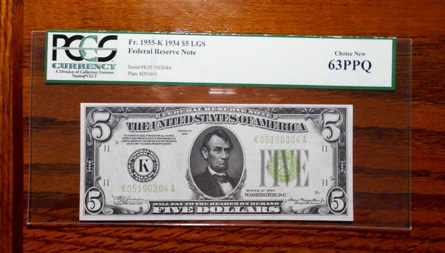 1934 $5 Federal Reserve Note (LGS) Light Green Seal 💲 PCGS 63 PPQ