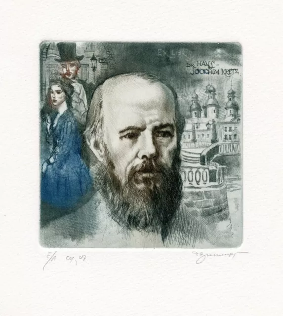 Fyodor Dostoyevsky, Russian Writer, Original Etching Ex libris by David Bekker