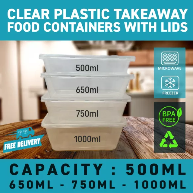 Plastic Food Containers With Lids Clear Takeaway Microwave Safe Storage Boxes