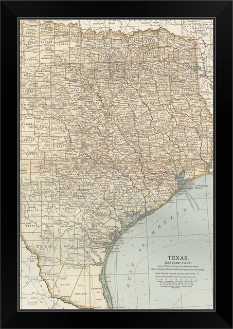 Texas, Eastern Part - Vintage Map Black Framed Wall Art Print, Map Home Decor