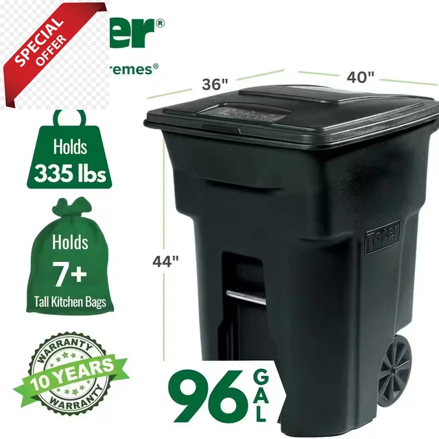 96 GALLON BLACK Rolling Outdoor Garbage/Trash Can with Wheels and