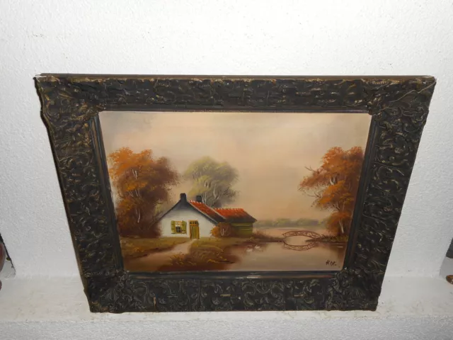 Old oil painting,{ Cottage near a river, is signed, and antique! }.