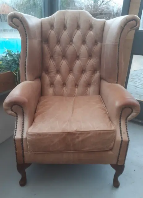 Vintage Leather High Wing Back Chesterfield Patchwork Armchair, Light Waxed Tan