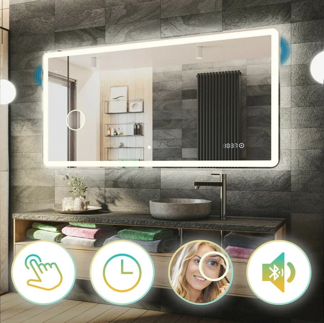 BADSPIEGEL LED BELEUCHTUNG Badezimmerspiegel LED Uhr Touch Lautsprecher ...