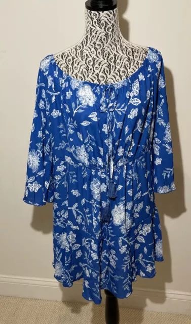 New Blue Size XL  3/4 Sleeve Pool Cover Up Dress Mini Loose Fit Floral String