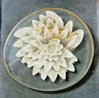 Vintage Round Reverse Carved Painted Clear Acrylic White Flower Brooch