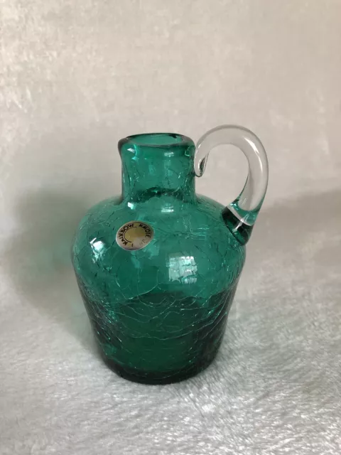 Rainbow Glass Crackle Glass Hand Blown Mini Pitcher 3.5” Teal Turquoise with Tag