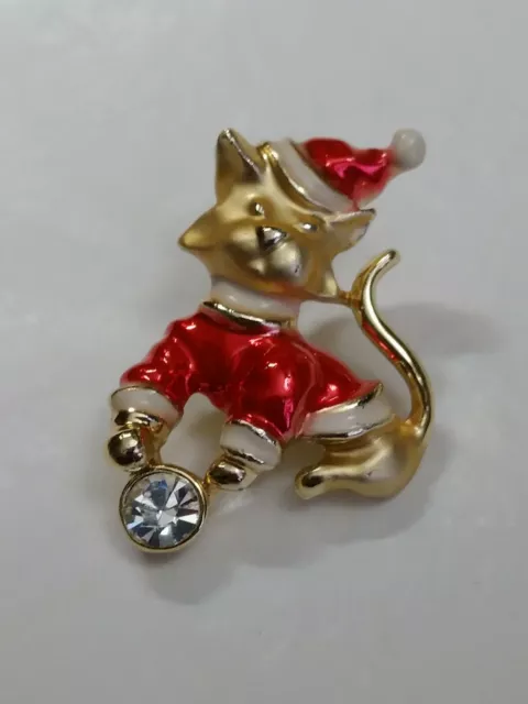 GIUSTI Santa Cat Brooch Pin Red & Gold Color With Faux Diamond Accent Christmas