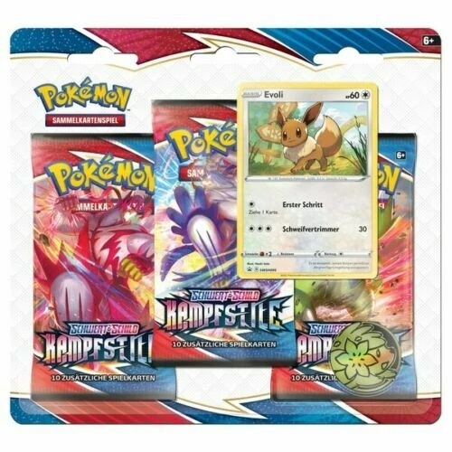 Spada e scudo Pokemon: stili di combattimento confezione da 3 blister Evoli tedesco (SWSH05) NUOVO